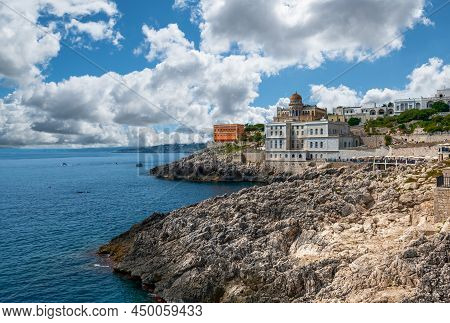 Santa Cesarea Terme, Salento, Puglia, Italy. Stunning View Of The Coastal Town. Villa Sticchi Stands