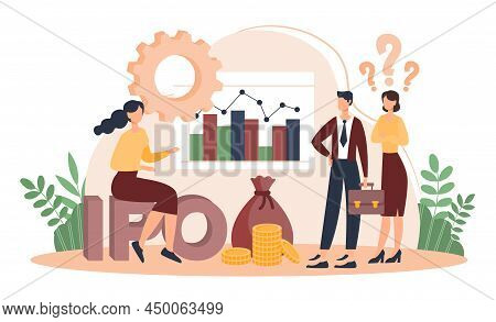 Investing In Stocks. Man And Girl Came To Consultant, Financial Literacy And Savings. Graphs And Cha