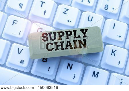 Text Caption Presenting Supply Chain. Business Concept Network Between A Company And Suppliers In Pr