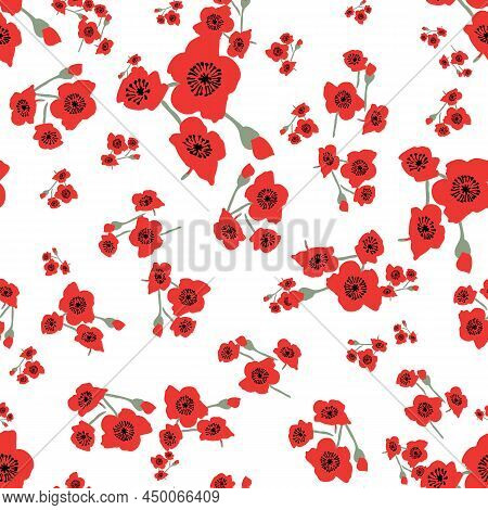 Red Poppies Toss Seamless Vector Pattern On White