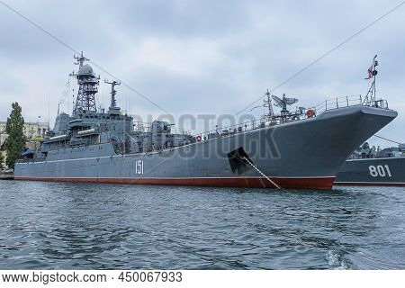 Russian Ship Of The Black Sea Navy In The Port Of Sevastopol. A Ship On Guard Of Peace. Republic Of 