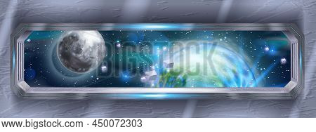 Spaceship Window View, Future Spacecraft Interior, Vector Earth Planet, Moon, Cosmic Stones, Stars. 