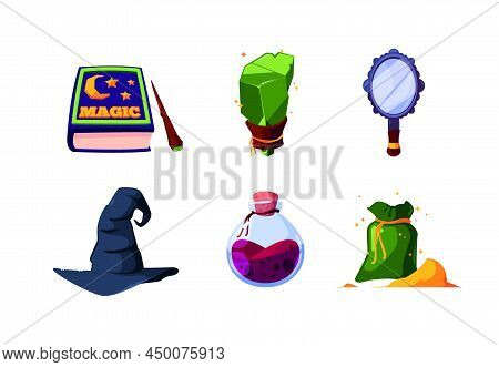 Magic Items. Glow Wizard Bottles And Artifacts Fantasy Jewelry For Magic Spells Fortune Globe And Cr