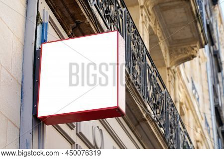 Blank Mock Up Panel Store Empty White Signboard On Facade Shop Wall