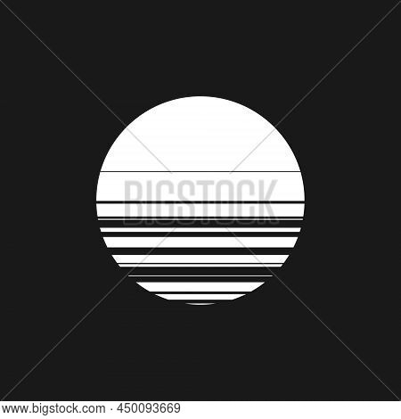 Retrowave Black And White Sun, Sunset Or Sunrise 1980s Style. Synthwave Circle Shape. Retrowave Desi