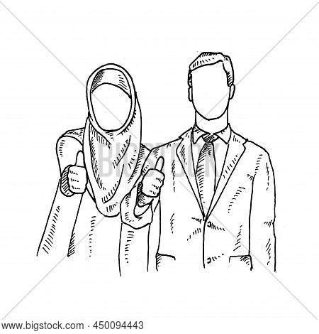 Newlyweds Raise Their Thumbs Up, Retro Vintage Sketch Vector Illustration. Engraving Style. Black Is