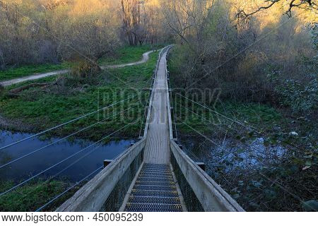 Pedestrian Bridge Crosses Lake Chabot In Alameda County, California, Usa.