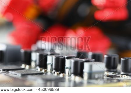 Close-up Of Professional Audio And Sound Mixing Console With Faders And Adjusting Knobs. Control Pan