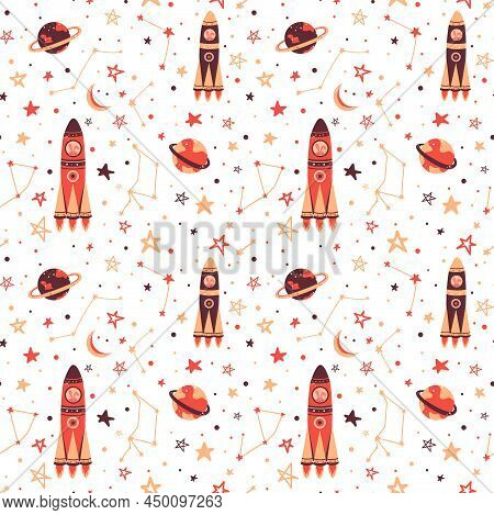 Seamless Pattern. Space Elements, Children's Pattern, Astronauts, Planets, Stars, Rockets. Space And