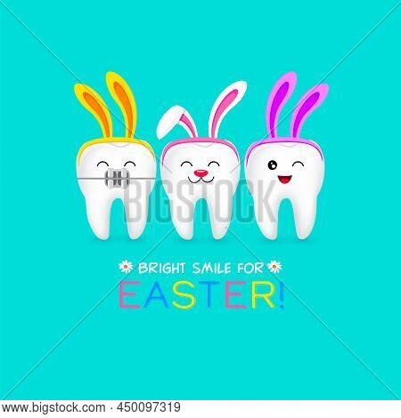 Cute Cartoon Tooth Characters With Rabbit Ears Decoration. Dental Care Concept. Happy Easter Day. Br