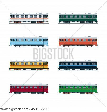 Railcar In Eight Coloring Options. Side View. Vector Illustration