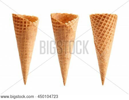Different Angle Of Empty Waffle Ice Cream Cone Isolated On White Background