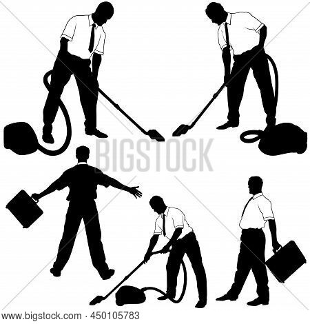 Set Of Five Silhouettes With A Clerk Cleaning With A Vacuum Cleaner Or With A Briefcase In His Hand 