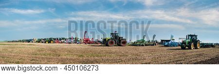 Bilogirya, Khmelnytsky Region, Ukraine - August 19, 2021: Tractors With Seeder At The Demonstration
