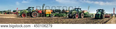 Bilogirya, Khmelnytsky Region, Ukraine - August 19, 2021: Tractors With Seeder At The Demonstration
