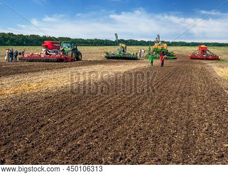 Bilogirya, Khmelnytsky Region, Ukraine - August 19, 2021: Tractors With Seeder At The Demonstration