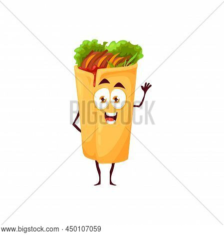 Cartoon Shawarma Character, Fast Food For Kids, Vector Cute Yummy Roll. Shawarma Fastfood With Smile