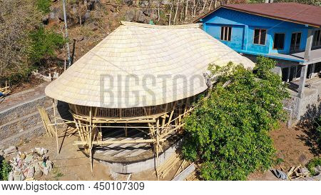 Aerial View Of Making Of A Roof With Wooden Sheating, Rafters
