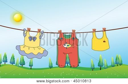 物干し用ロープに服のイラスト