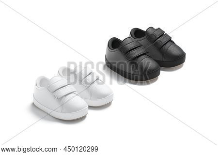 Blank Black And White Baby Shoes Pair Mockup, Side View, 3d Rendering. Empty Kid Sandals With Velcro