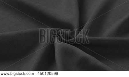 Blank Black Twisted Fabric Material Mockup, Side View, 3d Rendering. Empty Swirl Tissular Or Textile