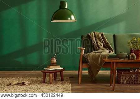 Minimalist Living Room Interior In Stylish House With Design Velvet Sofa, Carpet On Floor, Brown Woo