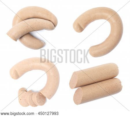 Set With Tasty Liver Sausages On White Background, Top View
