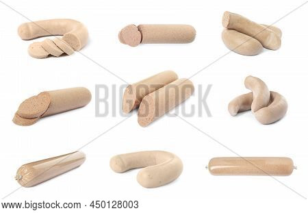 Set With Tasty Liver Sausages On White Background