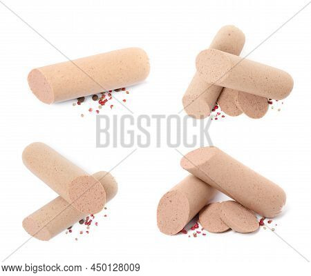 Set With Tasty Liver Sausages On White Background