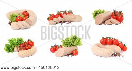 Set With Tasty Liver Sausages, Tomatoes, Lettuce And Peppercorns On White Background. Banner Design