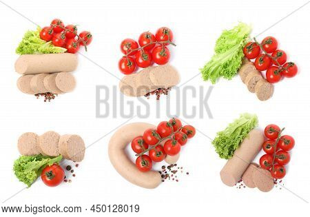 Set With Tasty Liver Sausages, Tomatoes, Lettuce And Peppercorns On White Background, Top View