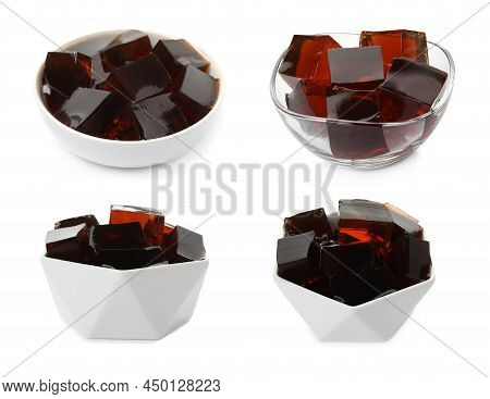 Set With Tasty Grass Jelly Cubes On White Background