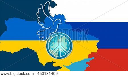 Ukraine And Russia Flag On Map With Peace Sign And Dove And World