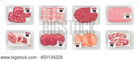 Meat Plastic Trays. Cartoon Raw Animal Products, Vacuum Wrap Packaging Containers With Semi Finished