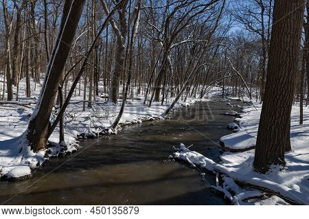 Hammel Creek Flows Through Hammel Woods Forest Preserve In Winter After A Recent Snow Storm, Will Co