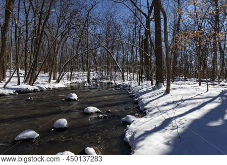 Hammel Creek Flowa Through Hammel Woods Forest Preserve In Winter After A Recent Snow Storm, Will Co