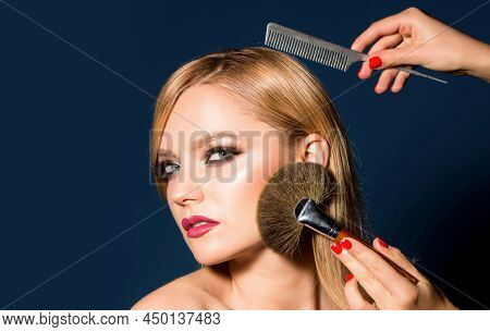 Closeup Portrait Of A Woman, Cosmetic Tonal Foundation On Face, Makeup Brush. Omb The Girl Hairbrush