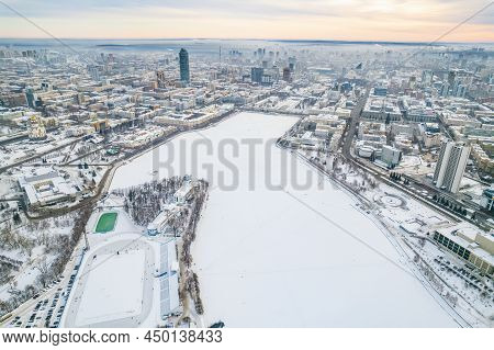 Yekaterinburg Aerial Panoramic View At Winter In Cloudy Day. Ekaterinburg Is The Fourth Largest City