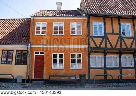 Colorful Old Historic House In A Street Of Koge City. Traditional Scandinavian Houses.