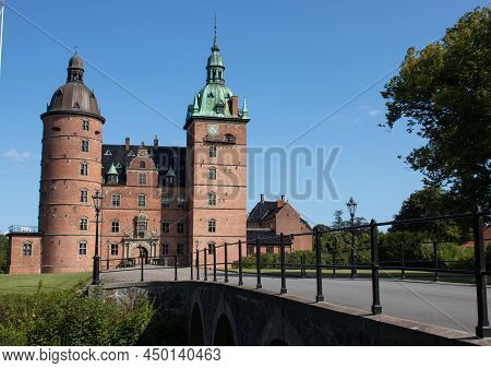 Castle Of Vallo, Denmark On A Sunny Summer Day. Royal Denmark.
