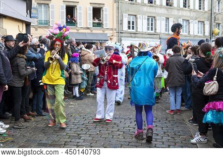Douarnenez, France - February 27 2022: Les Gras De Douarnenez Is A Particularly Famous Carnival Acro