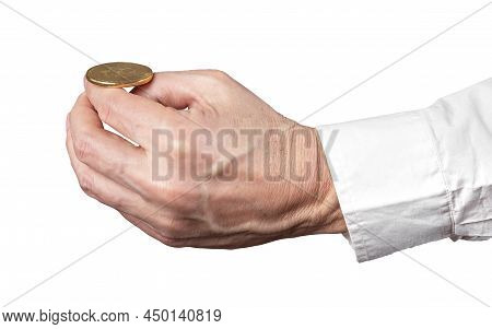 Businessman Hand Holding Bitcoin Coin Isolated On White Background. Trading, Speculation With Crypto