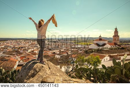 woman travel in Extramadura in Spain- village of Burguillos del Cerro