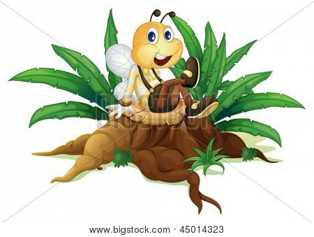 Illustration av en stam med en stor bi på en vit bakgrund