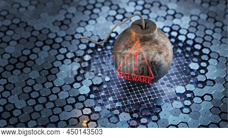 Virus Attack On Computer Systems. Bomb With Malware Icon. 3d Render.