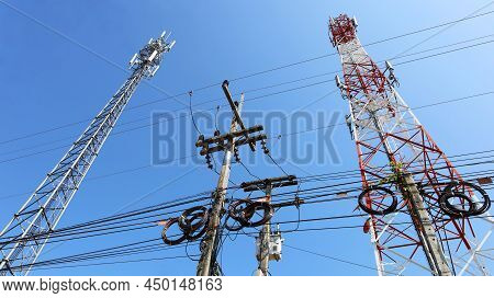 Power System Of Telecommunication Towers. Transformer With High Voltage Transmission Lines On Towers