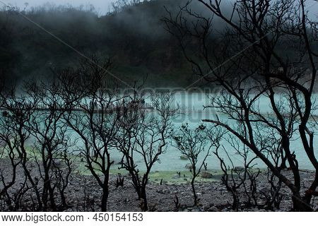 Panoramic Aerial View Of Active Volcanic Crater And Dead Trees, Java Island, Indonesia