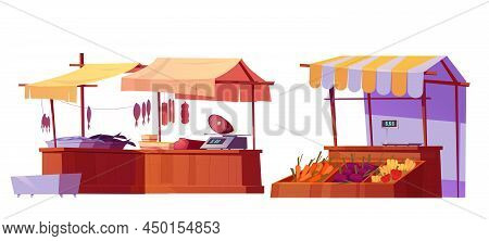 Outdoor Farm Market Stalls, Wooden Fair Booths Or Kiosks With Awning And Farmer Food, Fish, Meat But