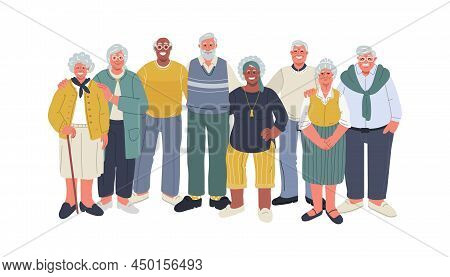 Diverse Senior People Huddle, Smiling And Standing Together.vector Illustration