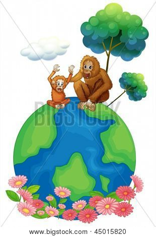 Illustration d'un petit et un gros orang-outan assis au-dessus de la terre de planète sur fond blanc